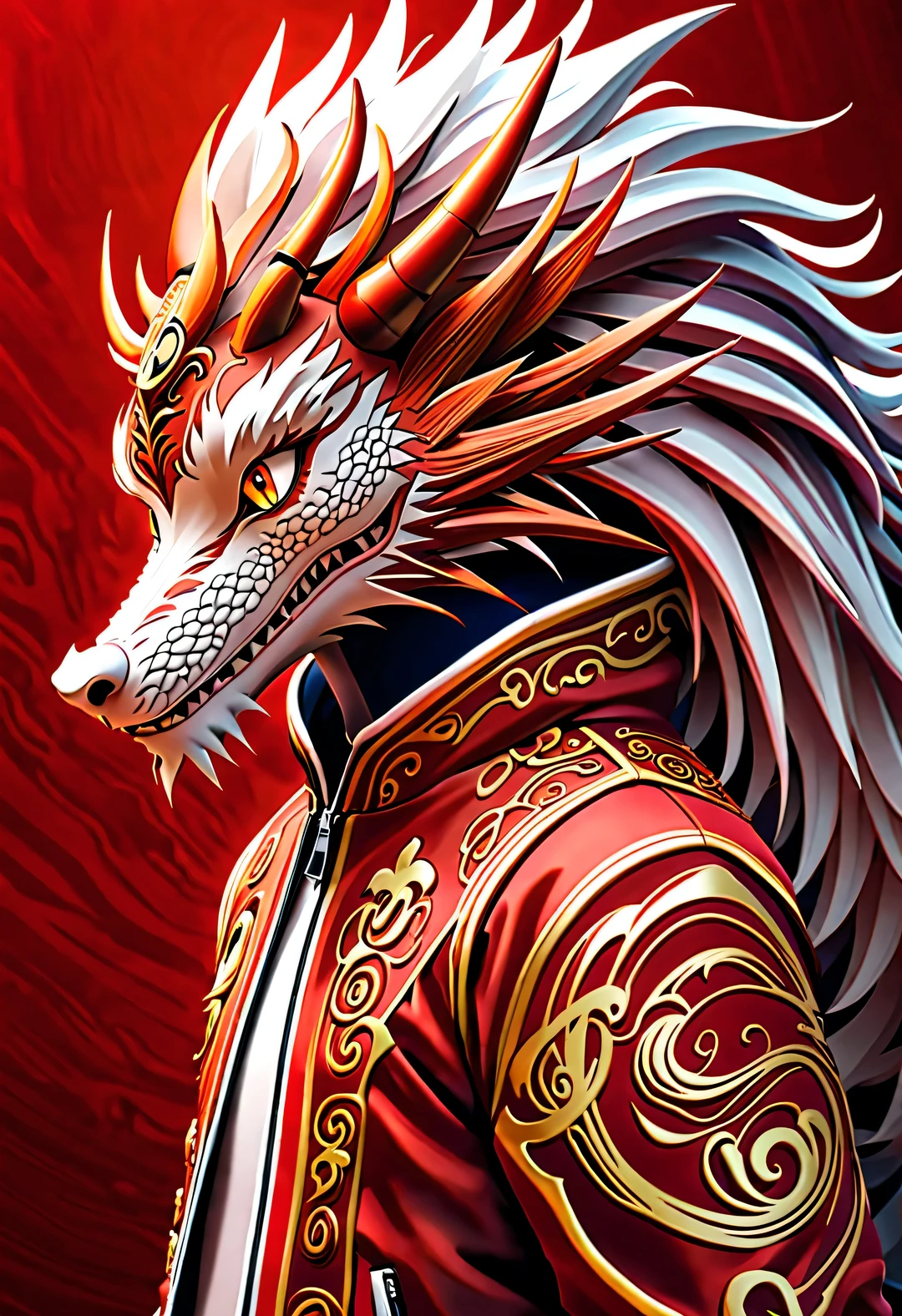 3d rendering, realistic fur, red wallpaper, Simple modern style, beautiful wallpaper, Super skinny naughty red and orange zodiac dragon baby dances playfully, frontal portrait, (There are many clear and symmetrical dragon whiskers: 0.65), (looking at camera), Beijing, 🦑   design, Wearing a monogrammed embroidered hoodie "AI" printed on it: 1.37, Background with red embroidered auspicious cloud texture, Viewed from an elevation angle, lower to up shoot,