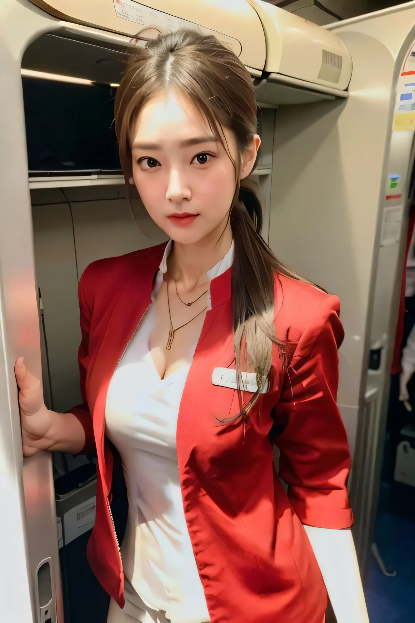 nsfw , 1 girl , beautiful 22 year old woman named Tsukiko,(wearing sexy hostess uniform:1.3),red uniform, inside airplane, airport, (sexy hostess uniform:1.3),small breasts , <lora:InstantPhotoX3:0.4> ,<lora:FilmVelvia3:0.4> , <lora:sexyHostessUniform_v10:0.6>