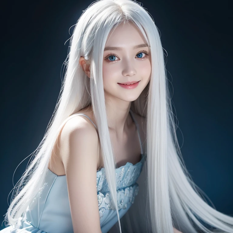 long white hair,blue dress,Golden pupils,,Smile,whole body,individual,petite,Exquisite,Beautiful and clear facial features
