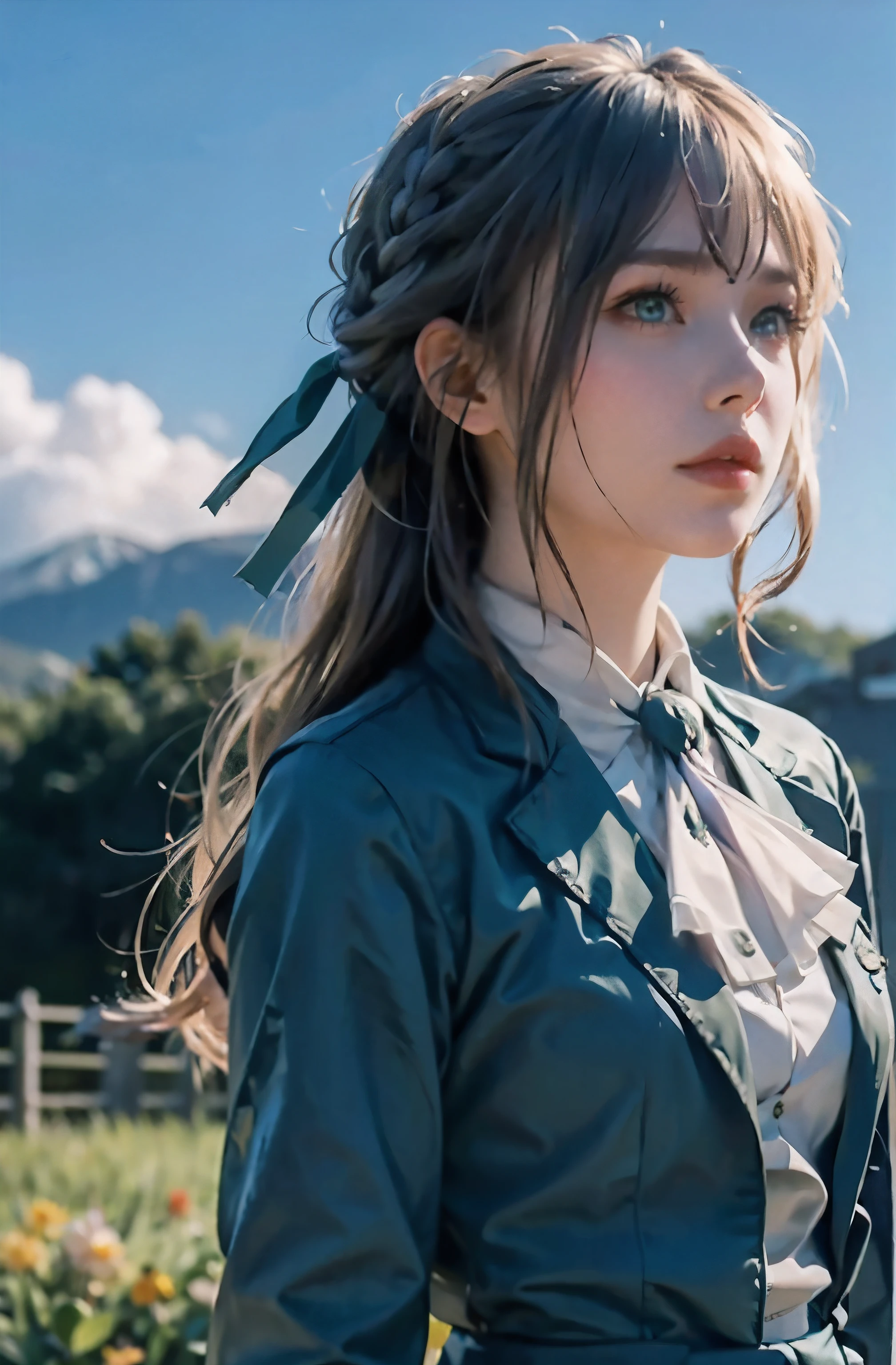 purple, 1 girl, alone, looking at the audience, blue eyes, blonde hair, ribbon, hair between eyes, Green gemstones, close your mouth, jacket, hair ribbon, Upper body, braid, outdoor, Sky空, Sky, cloud, red ribbon, blue Sky空, ascot, hair intake, blue jacket, brooch, white ascot, masterpiece ，HD