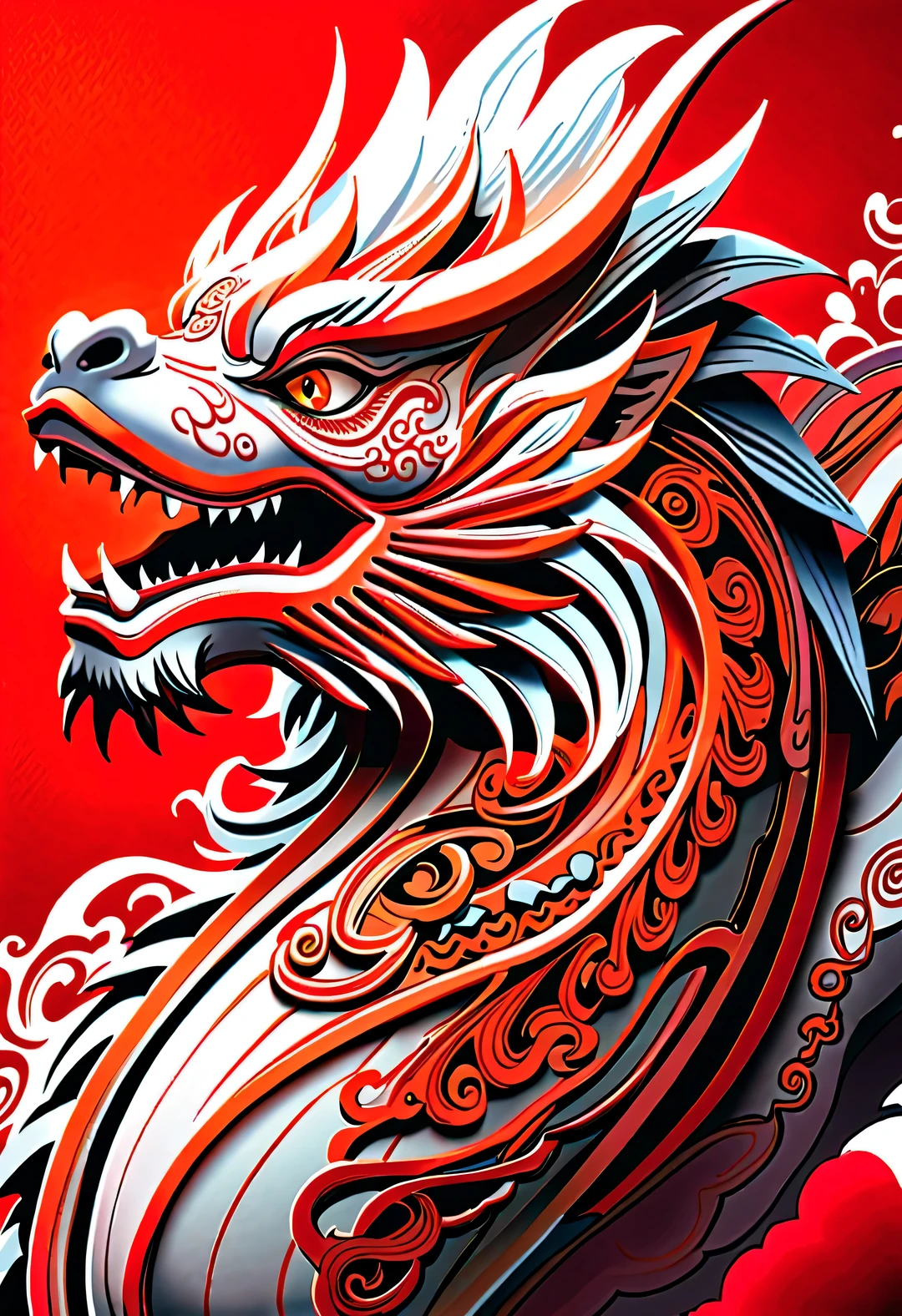 3d rendering, realistic fur, red wallpaper, Simple modern style, beautiful wallpaper, Super skinny naughty red and orange zodiac dragon baby dances playfully, frontal portrait, (There are many clear and symmetrical dragon whiskers: 0.65), (looking at camera), Beijing, 🦑   design, Wearing a monogrammed embroidered hoodie "AI" printed on it: 1.37, Background with red embroidered auspicious cloud texture, Viewed from an elevation angle, lower to up shoot,