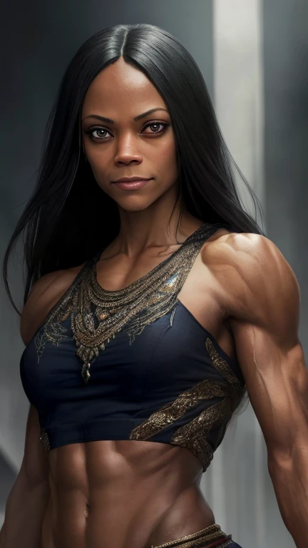 8k portrait of Zoe Saldana muscular, veins everywhere, smiling, gym clothes, intricate, 35 years old, gym background, full body, looking at the camera, elegant, (black eyes), highly detailed, majestic, digital photography, artgerm art and ruan jia and greg rutkowski, black hair, broken glass around (masterpiece, side lighting, beautiful finely detailed eyes: 1.2), hdr