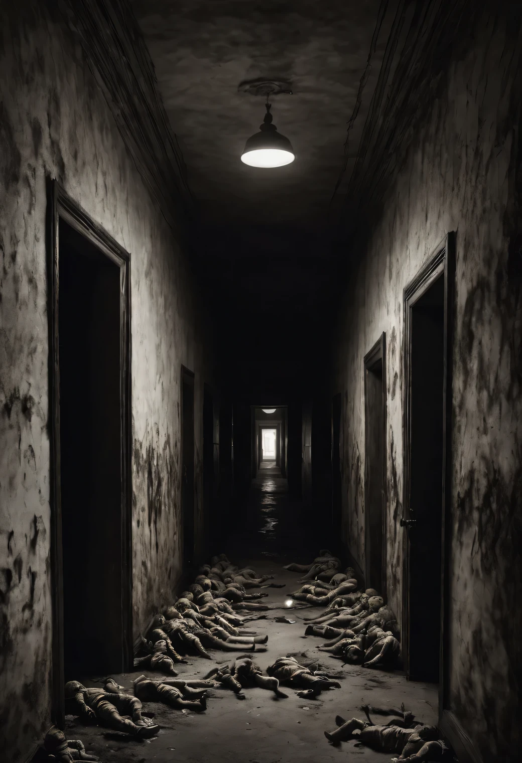 Banheira cheia de sangue,um zumbi parado no canto do banheiro escuro, blood on the ground