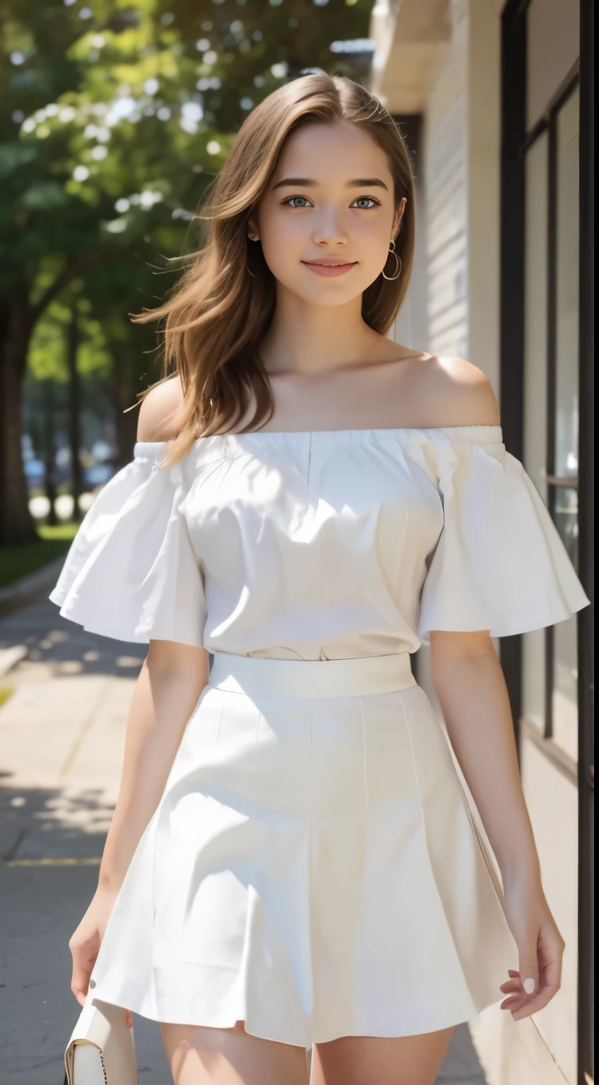 Foto hiperrealista en primer plano de Willa Fitzgerald, masterpiece, best quality, (photorealistic:1.4), full body, (white off-the-shoulder short sleeves blouse:1.2), (white midi midi skirt:1.1), bare arms, heels, collage campus, sunny day, cinematic light, beautiful woman, skinny, small breasts, straight brown hair, detailed face, smile, photo taken from a distance, age 20 tears old