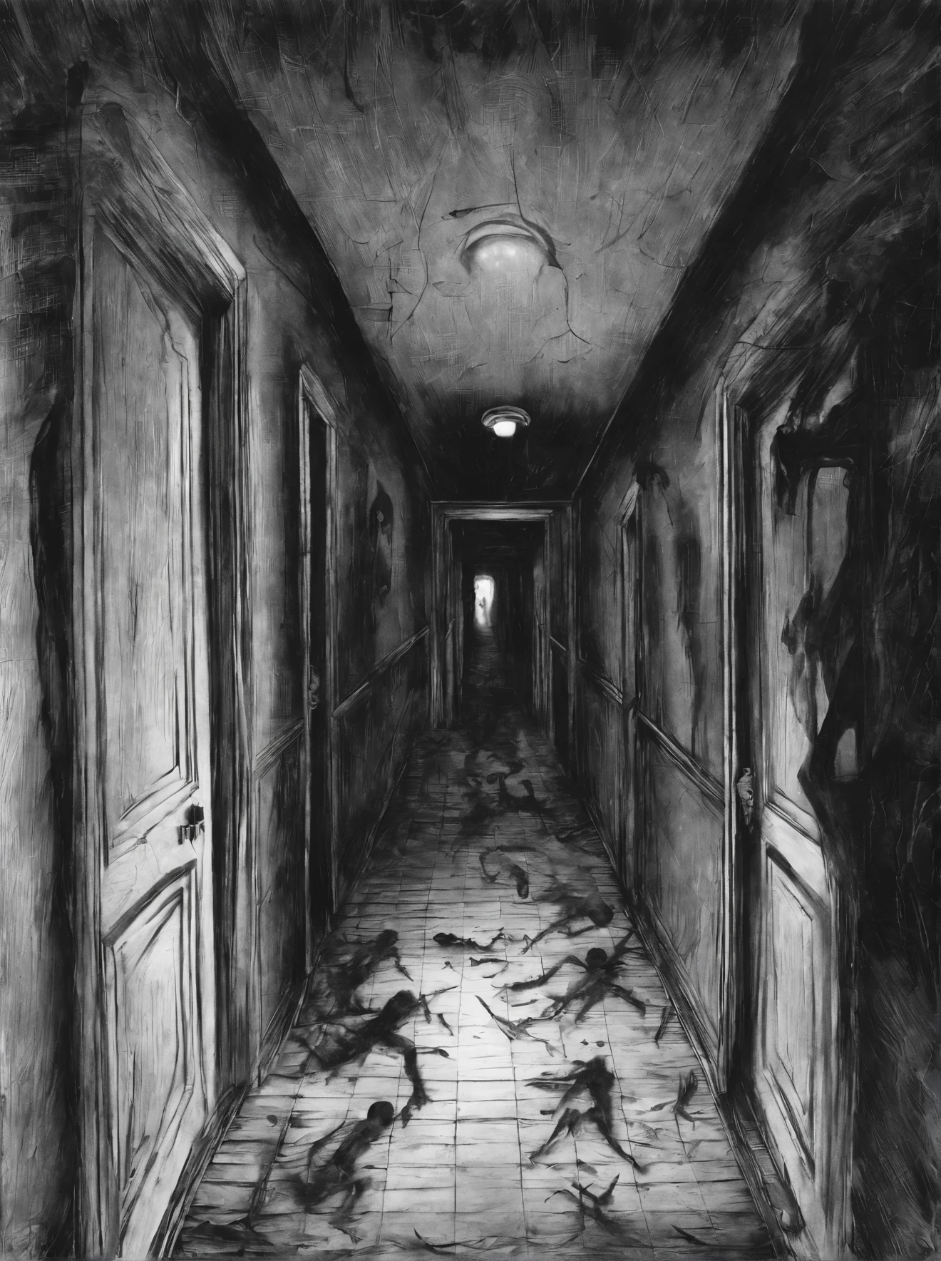 a black-and-white graphite painting on old paper depicting a long dark corridor with stripped and peeling walls, the corridor is long and goes into the center of the picture by narrowing, at the end of the corridor the door is open, there is a light outside the door, in front of the door there is a terrible dark silhouette of a monster with long arms, parts of children's dolls with severed arms, legs and heads are scattered in the corridor, the heads of the dolls look at the viewer, a very creepy picture, a terrible atmosphere, horror, in the style of Xue Wang paintings, high detail, convey the whole essence of the atmosphere of horror and horror