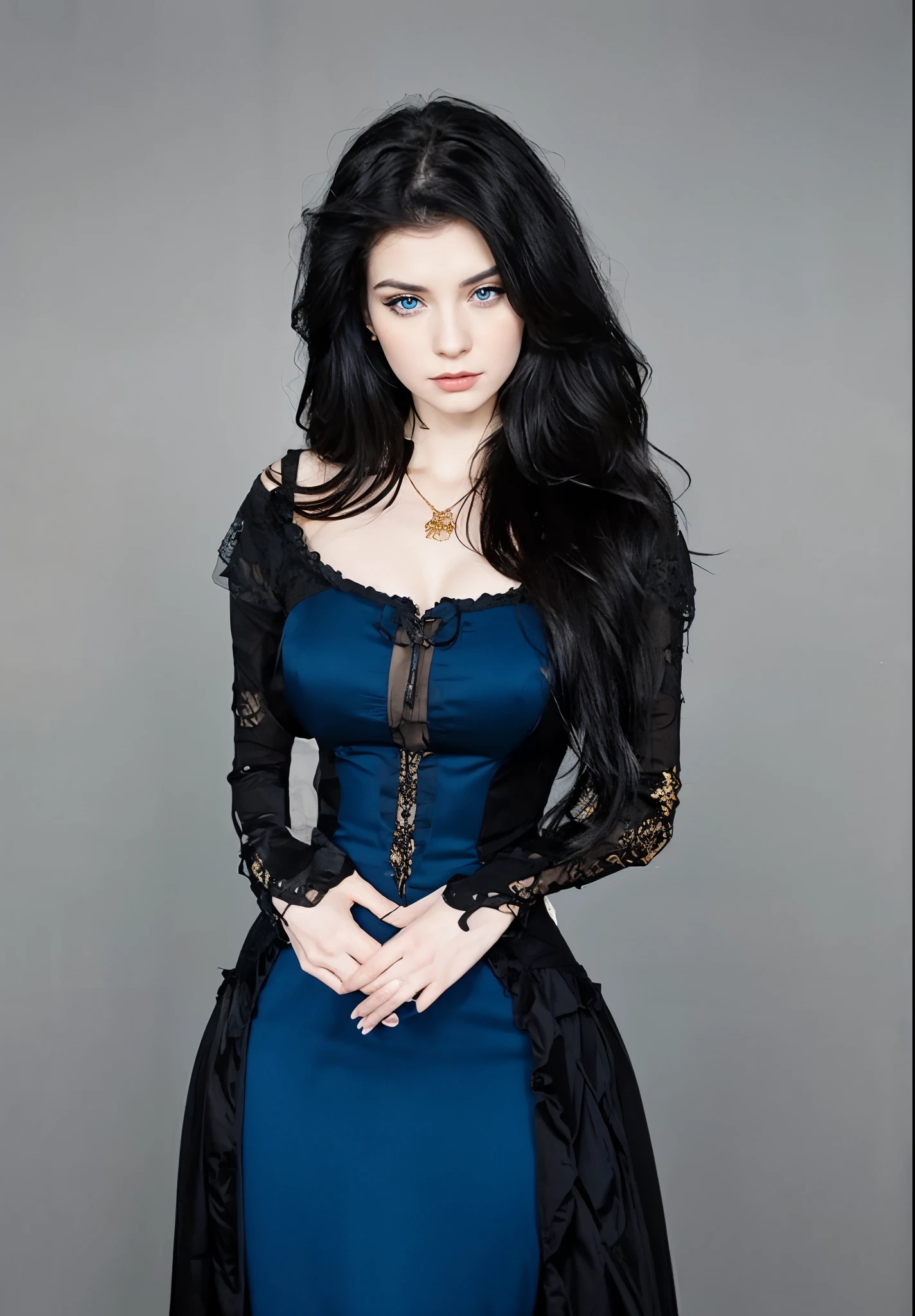 woman, long black hair, pale skin, blue eyes, black and blue gothic dress, golden accessoires, 
