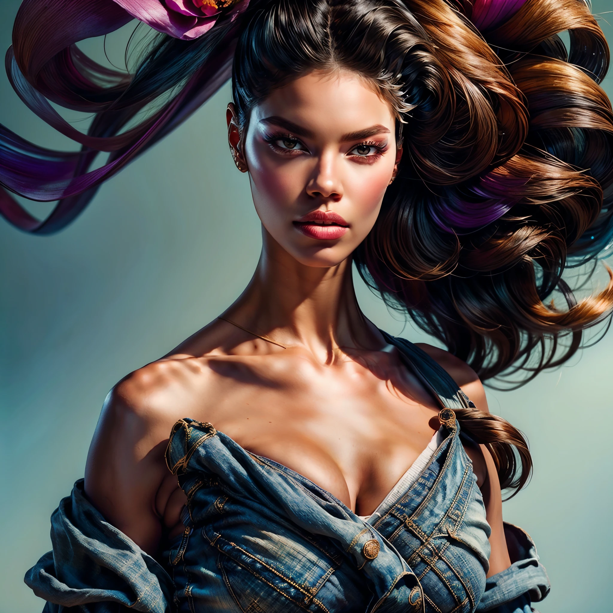 style FANTASTIC::Marc Silvestri ::5.0 COMIX illustration style, Fantastic Paintings--quality ,illustration style, DETAILED ,TATOON STYLE , Adriana Lima ,beautiful woman with long straight haiR ULTRA DETAILED, (beautiful and clear background:1.2), (extremely detailed CG, ultra-detailed, best shadow:1.1), ((depth of field)), ((watercolor)), large breasts(with jeans and a white t-shirt or dress:1.3), bare shoulders, flowers and petals, beautiful concept illustration , (white background:0.5), (illustration :1.1), (extremely fine and beautiful:1.1), (perfect details:1.1) varied multi etc. --v 6 --s 1000 --c 20 --q 20 --chaos 100