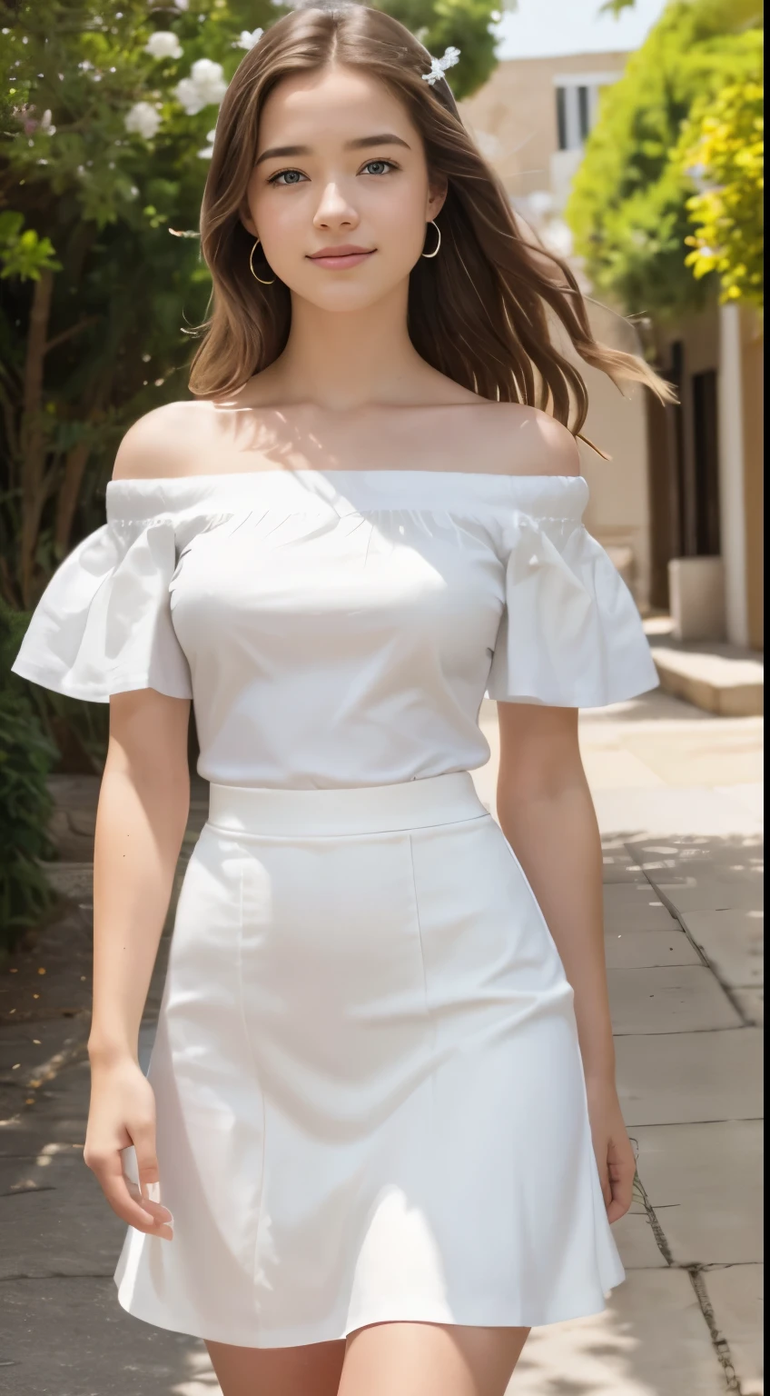 Foto hiperrealista en primer plano de Willa Fitzgerald, masterpiece, best quality, (photorealistic:1.4), full body, (white off-the-shoulder short sleeves blouse:1.2), (white midi midi skirt:1.1), bare arms, heels, collage campus, sunny day, cinematic light, beautiful woman, skinny, small breasts, straight brown hair, detailed face, smile, photo taken from a distance, age 20 tears old