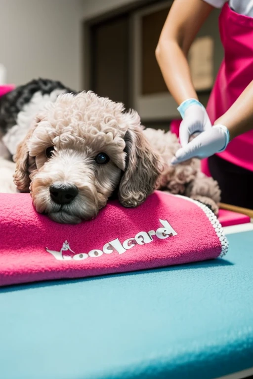 Yellow or pink or gray poodle dog with red bandana around its neck is lying on a veterinary table Receiving a massage treatment from a female western nurse specializing in dog health setting canine veterinary clinic.