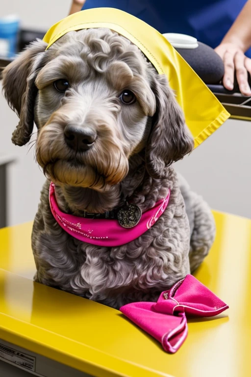  Yellow or pink or gray poodle dog with red bandana around its neck is lying on a veterinary table Receiving a massage treatment from a female western nurse specializing in dog health setting canine veterinary clinic.

