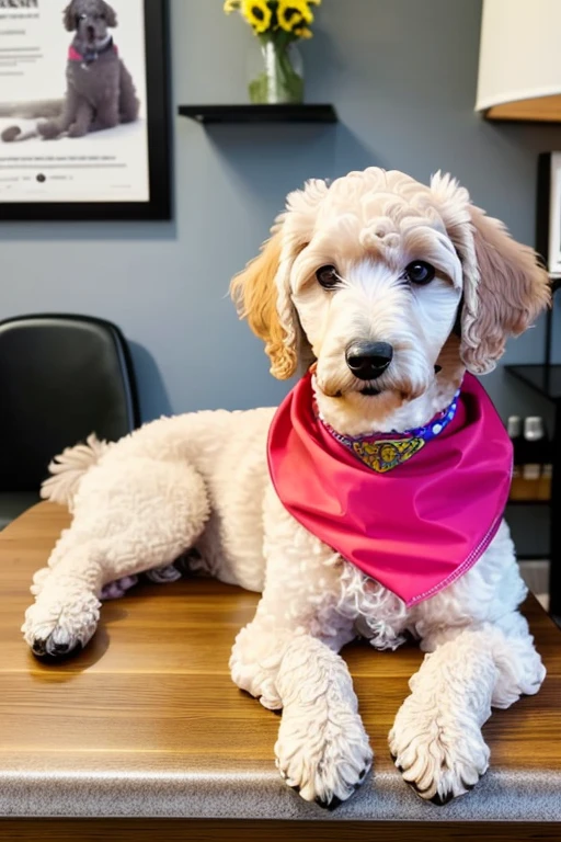  Yellow or pink or gray poodle dog with red bandana around its neck is lying on a veterinary table Receiving a massage treatment from a female western nurse specializing in dog health setting canine veterinary clinic.

