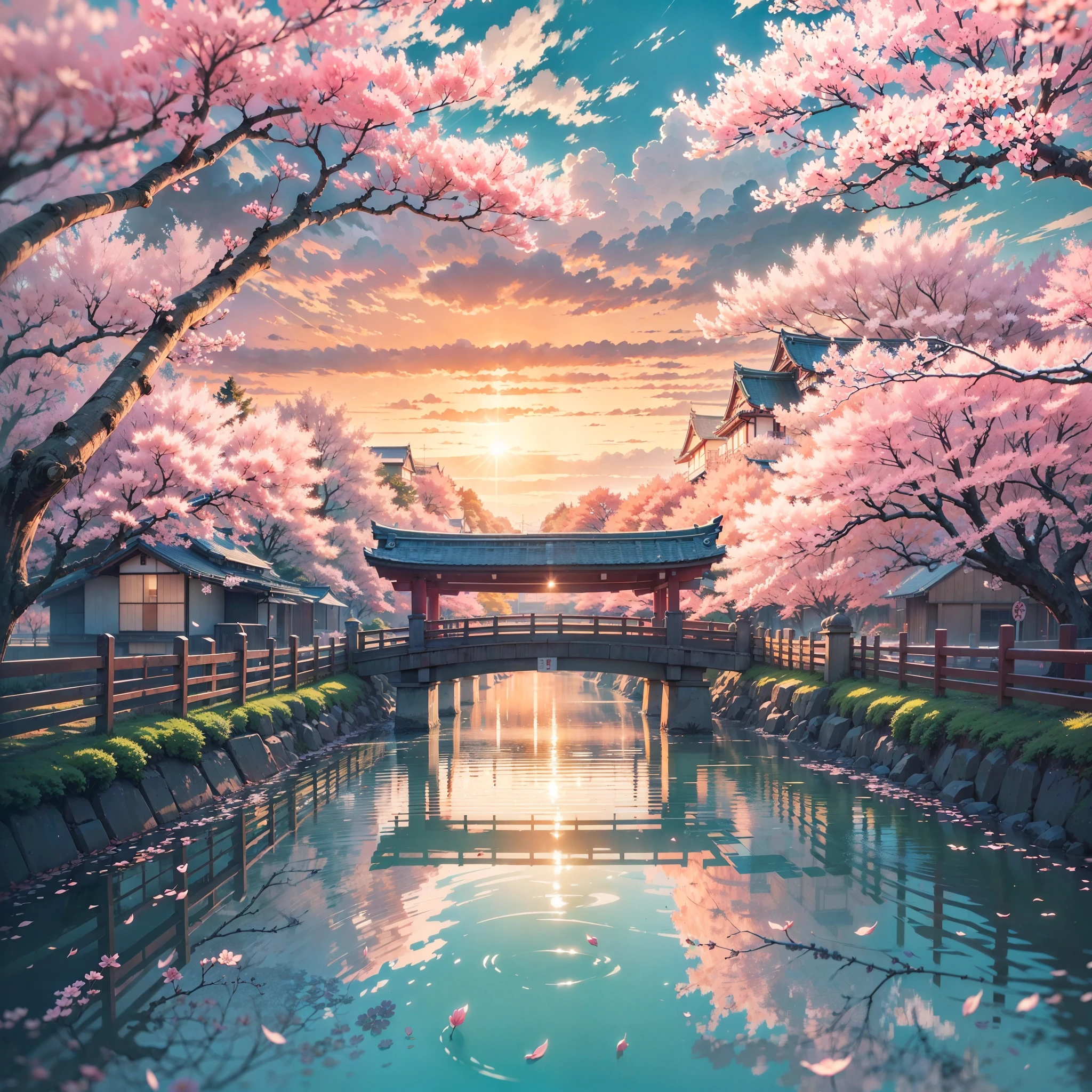 japanese architecture with sakura flower season, From below, Perspective, best quality, at the sunset, a city scape, artist makoto shinkai, water ink art, best quality, masterpiece, realistic, Best quality. No one in sight. Anime. Anime style. lofi. dramatic weather, japan, cherry blossom trees, sun set