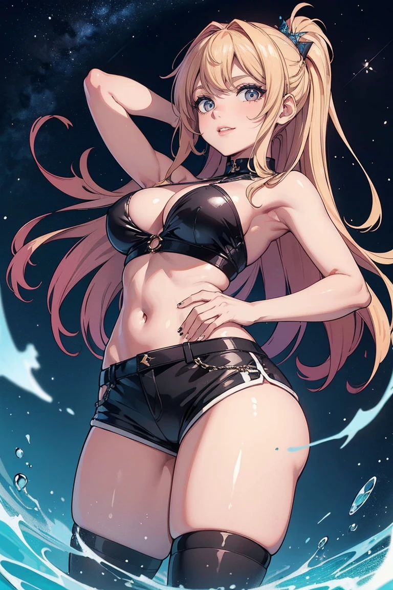 1 garota, (olhos azuis), sorridente, (Sana Minatozaki), quadris largos, grande , bunda grande, (melhor qualidade, 8k, obra de arte: 1.3), foco claro: 1.2, Beleza corporal perfeita: 1.4, thin abdomen: 1.2 , textura altamente detalhada do rosto e da pele, olhos detalhados, Palpebras duplas, Red lips, (cabelo loiro longo),(top vermelho brilhante), (shorts de lantejoulas) , (High capacity), (salto alto), colar e brincos, (Las Vegas), at night, iluminado com placas, (Cassinos em segundo plano)
