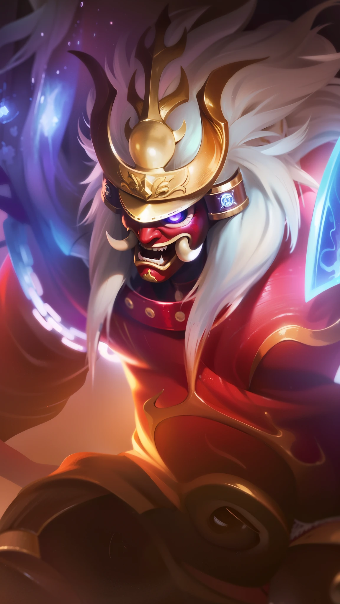 masculine male, masterpiece, ((perfect eyes)) best quality, (semirealism:1.9), beautiful lighting, (extremely detailed CG unity 4k fhd wallpaper), High Detail, Sharp focus, dramatic outdoors,40 years old, brown short hair, blue eyes, smile, Boy with two big horns, big earrings on ears, elf ear, red eyes, Thick eyebrows, evil smile, grinning,red body, red face, Burning skin, yellow diamonds glistening on chest, burning red skin,golden robe behind, big white belt , 8k , realistic, scary.