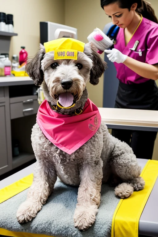  Yellow or pink or gray poodle dog with red bandana around its neck is lying on a veterinary table Receiving a massage treatment from a female western nurse specializing in dog health setting canine veterinary clinic.

