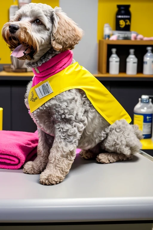  Yellow or pink or gray poodle dog with red bandana around its neck is lying on a veterinary table Receiving a massage treatment from a female western nurse specializing in dog health setting canine veterinary clinic.

