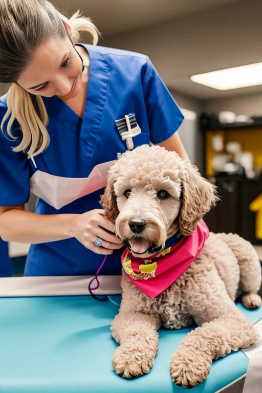  Yellow or pink or gray poodle dog with red bandana around its neck is lying on a veterinary table Receiving a massage treatment from a female western nurse specializing in dog health setting canine veterinary clinic.

