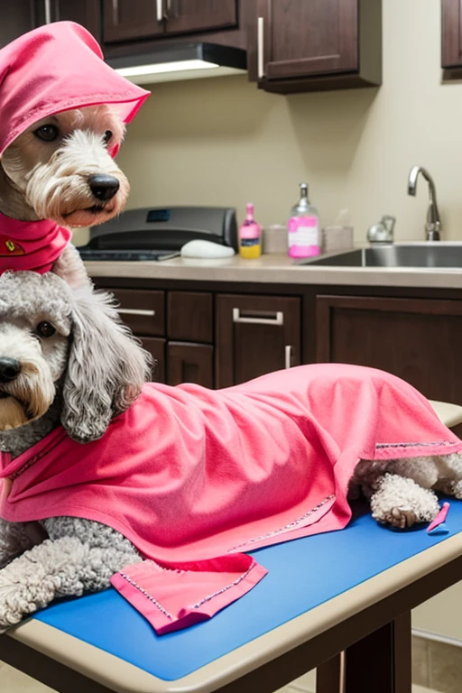  Yellow or pink or gray poodle dog with red bandana around its neck is lying on a veterinary table Receiving a massage treatment from a female western nurse specializing in dog health setting canine veterinary clinic.

