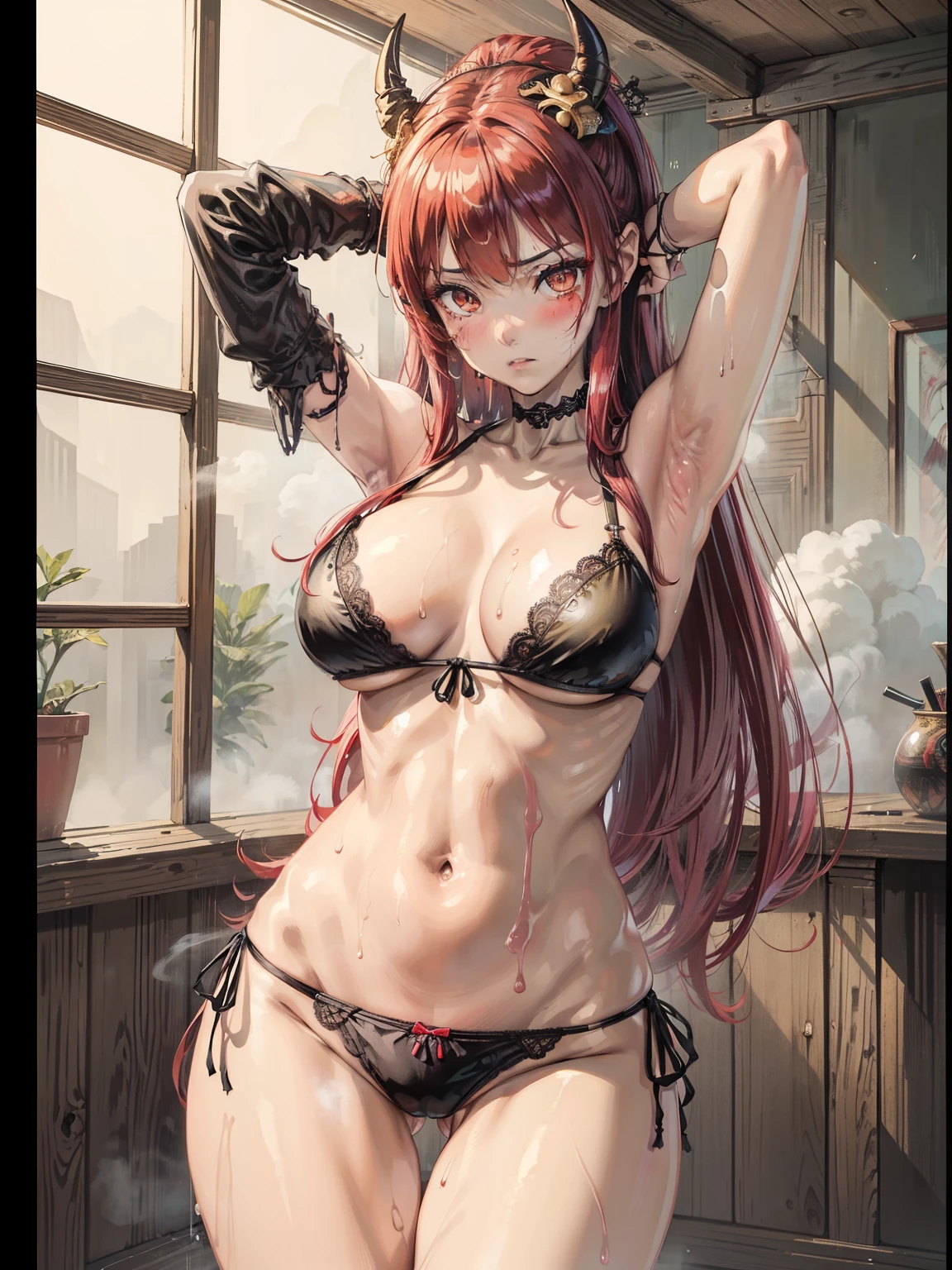 Masterpiece, animerealistic, Top quality, Ultra high definition, Maximum resolution, Very detailed, Professional lighting, Cowboy shot, One girl, she’s a female oni, devilish girl, she has light red hair, gothic demoness, Very cute, submissive , long hair, Hairpin, wearing micro bikini in black, gothic, wearing black panties showing arms folded behind the head, cold expression, embarrassed, her body is wet with , face, sexy female oni with legs open at M o'clock, panty bite, lace panties, steam, heavy breathing, anime screencap, thighs, seductive sweat, yellow eyes, beautiful eyes, wearing mascara, blush, drippy panties