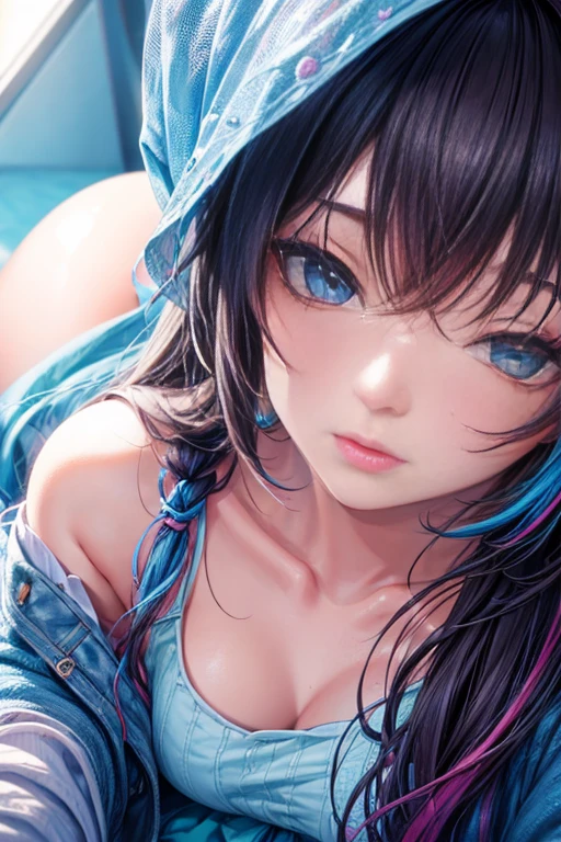 In a dimly lit beach with soft, warm lighting, a cute topless voluptuous girl sits on the sand, her curly deepblue hair glistening in the glow. Her radiant green eyes are heterochromatic, detailed with long eyelashes and colorful irises, radiating confident eye contact. Her expression is sultry, with mesmerizing eye contact that draws the viewer in. Her massive breasts are perfectly rounded, with a large sag that adds to their allure. As she kneels forward, her legs spread invitingly, showcasing her confidence and sex appeal. The watercolor-inspired hues on her skin blend seamlessly, creating a photorealistic effect that's almost too beautiful to be real.