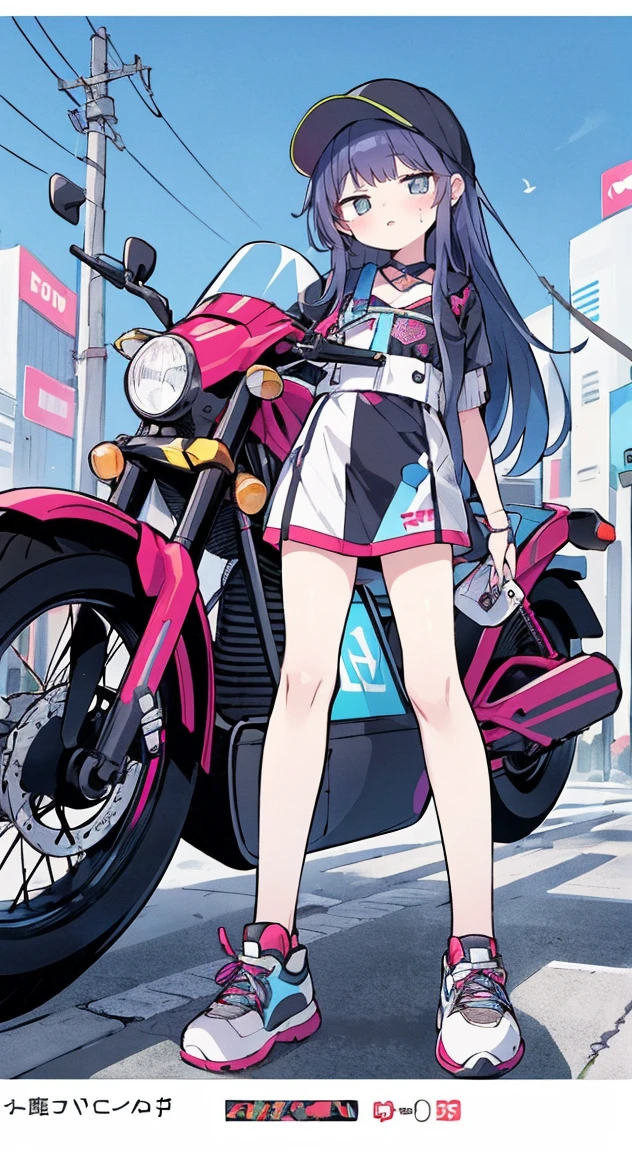 obra de arte, melhor qualidade, Garota cyberpunk confiante, Tiro de corpo inteiro, ((standing in front of the motorcycle)), Roupa pop inspirada em Harajuku, bold colors and patterns, attractive accessories, penteado moderno e inovador, maquiagem vibrante, Paisagem urbana deslumbrante cyberpunk, skyscrapers, Placas de neon, Luzes LED, esquema de cores vivas e brilhantes, anime, illustration, textura detalhada da pele, textura detalhada de pano, lindo rosto detalhado, detalhes intrincados, ultra detalhado.