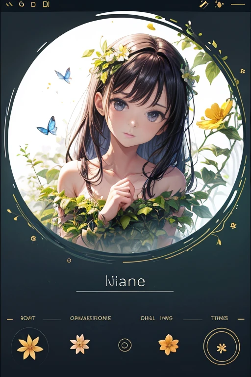UI interface frame design, simple background, shape of a circle, Leaves, branch, vine, flowers, Little butterflies, particle effects, Beautifully