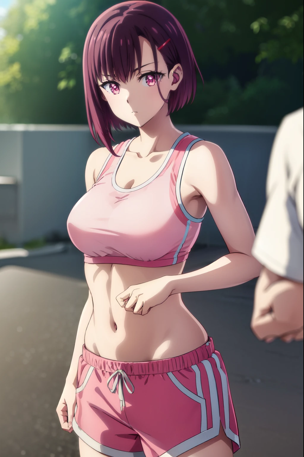shizukamikazuki, shizuka mikazuki, short hair, purple hair, hair ornament, hairclip, (pink eyes:1.5), swept bangs,
BREAK navel, sports bra, sportswear, shorts, pink shorts,
BREAK looking at viewer,
BREAK outdoors,
BREAK (masterpiece:1.2), best quality, high resolution, unity 8k wallpaper, (illustration:0.8), (beautiful detailed eyes:1.6), extremely detailed face, perfect lighting, extremely detailed CG, (perfect hands, perfect anatomy),