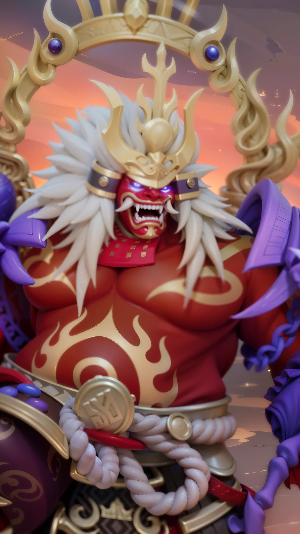 masculine male, masterpiece, ((perfect eyes)) best quality, (semirealism:1.9), beautiful lighting, (extremely detailed CG unity 4k fhd wallpaper), High Detail, Sharp focus, dramatic outdoors,40 years old, brown short hair, blue eyes, smile, Boy with two big horns, big earrings on ears, elf ear, red eyes, Thick eyebrows, evil smile, grinning,red body, red face, Burning skin, yellow diamonds glistening on chest, burning red skin,golden robe behind, big white belt , 8k , realistic, scary.