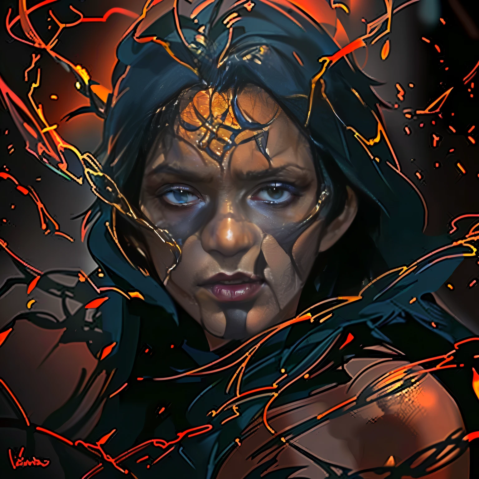 Create a stunning and vivid scene, mergulhando em uma paleta ardente de laranja, amarelo e vermelho para representar uma mulher imersa no inferno. In this cinematic portrait, she is surrounded by barbed wire, tridentes, caveiras e zumbis, evoking an aura of biblical suffering. Intense colors provide striking expressiveness to the image, enquanto a qualidade superior destaca minuciosamente cada detalhe. Utilize sombras habilidosas, inspiradas no estilo distintivo de Dom Casmurro, adding a mysterious and dramatic touch to the scene. All this splendor is guided by the unmistakable influence of Greg Rutkowski's style., resultando em uma