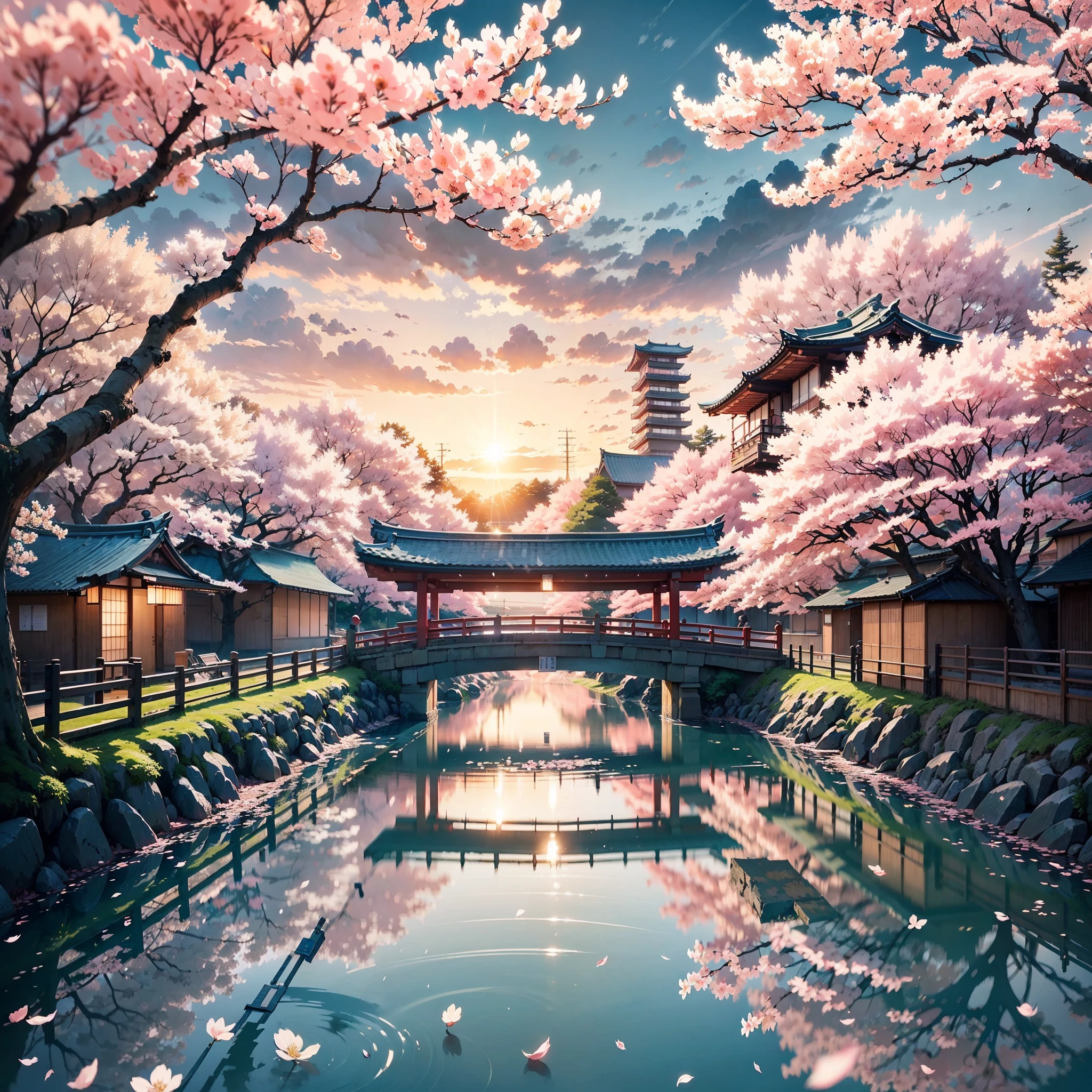 japanese architecture with sakura flower season, From below, Perspective, best quality, at the sunset, a city scape, artist makoto shinkai, water ink art, best quality, masterpiece, realistic, Best quality. No one in sight. Anime. Anime style. lofi. dramatic weather, japan, cherry blossom trees, sun set