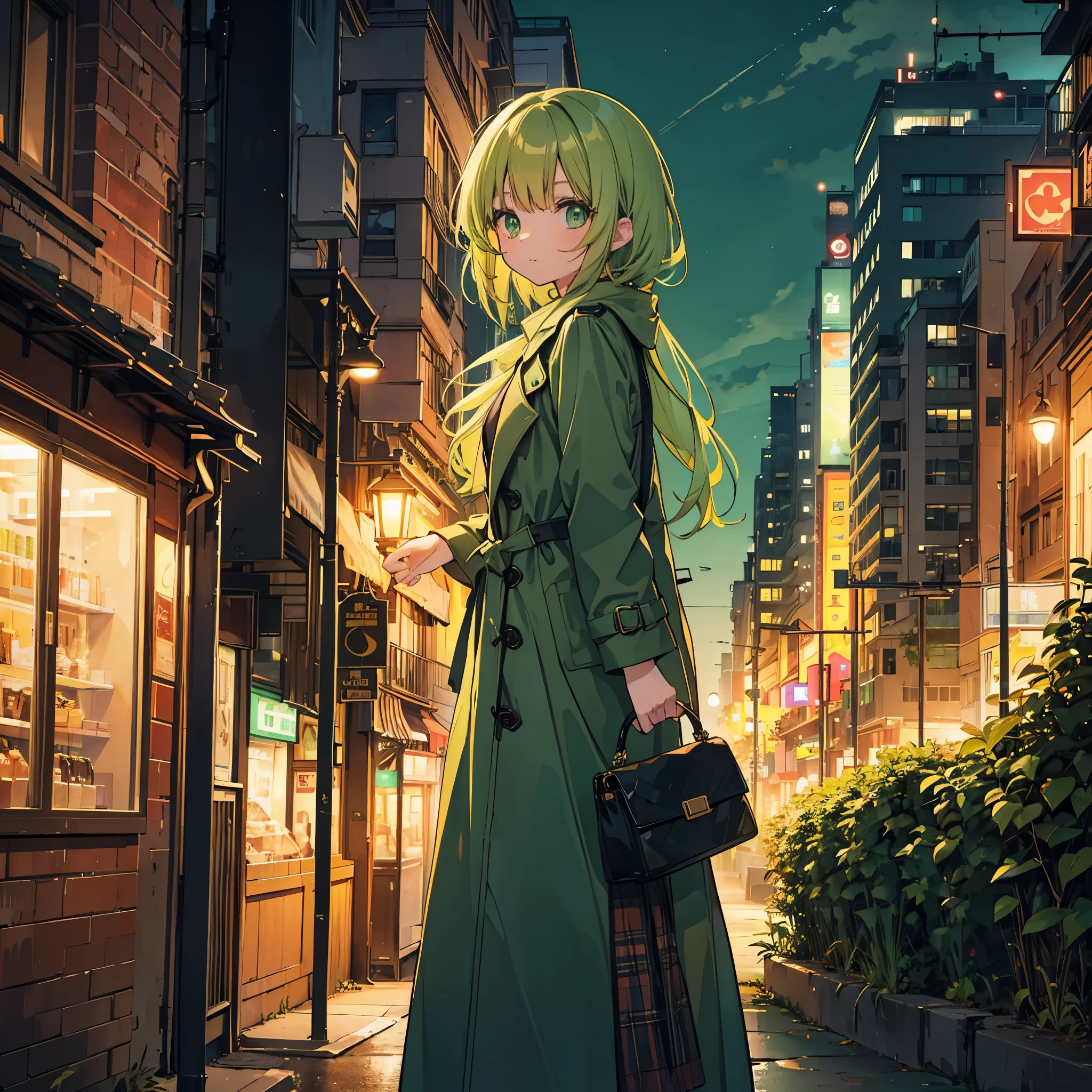 10th generation women、green hair、Semi-long and messy、deep green eyes、Orange muffler、trench coat、bag、cityscape、evening