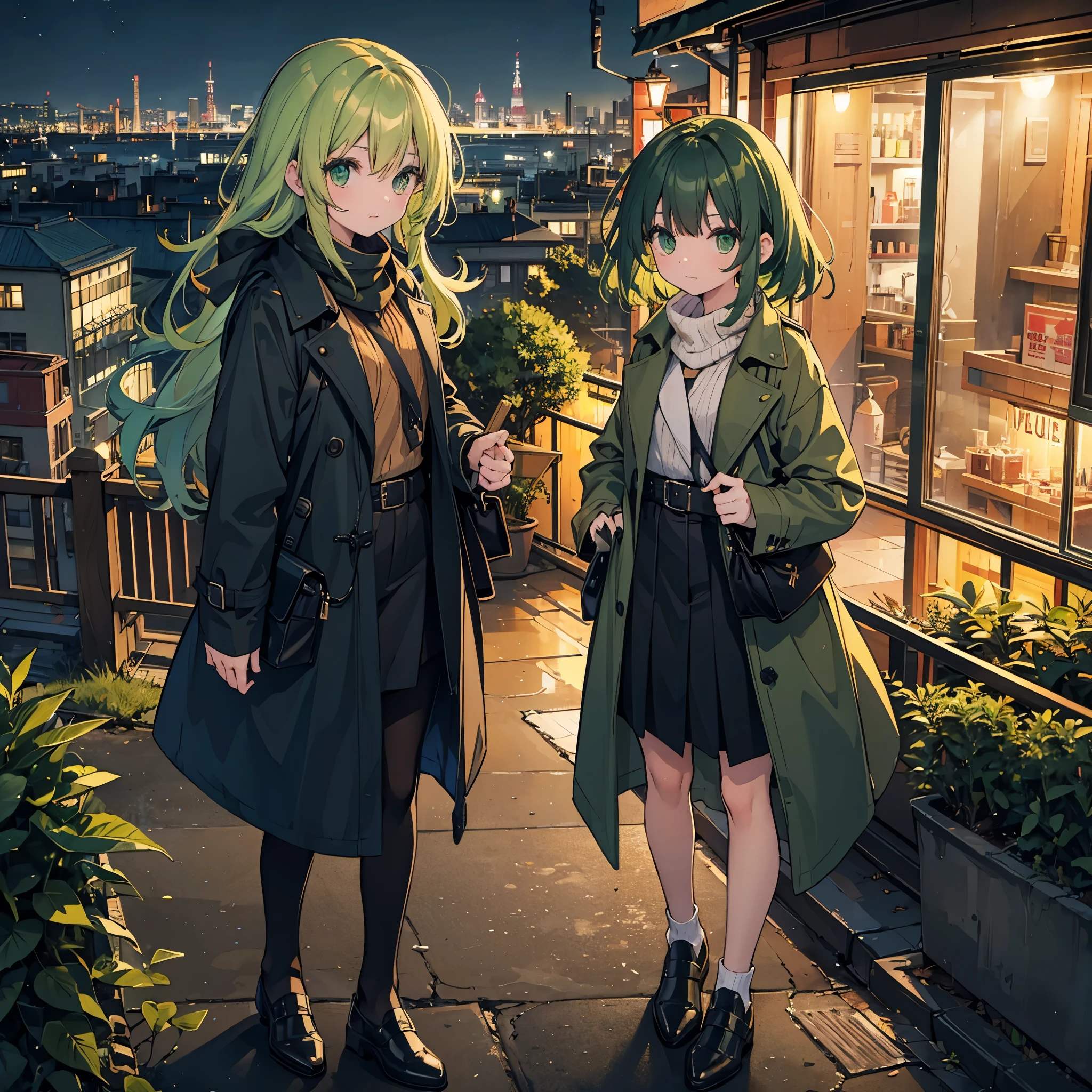 10th generation women、green hair、Semi-long and messy、deep green eyes、Orange muffler、trench coat、bag、cityscape、evening