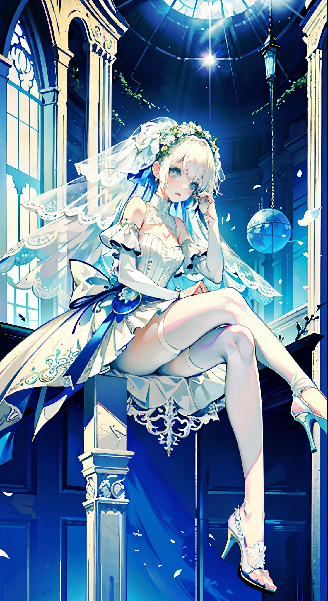 best quality, masterpiece, 1 girl,((hip-covering skirt))), 1 girl, alone, mystery, Bright colors, shining, Underwater transparent sealed hemispherical glass dome, (white hair), Upper body, Long hair is calm and natural,, (((white wedding dress,bride,White pointed toe heels))),sit cross-legged,Leaning against the bookshelf , 8k,