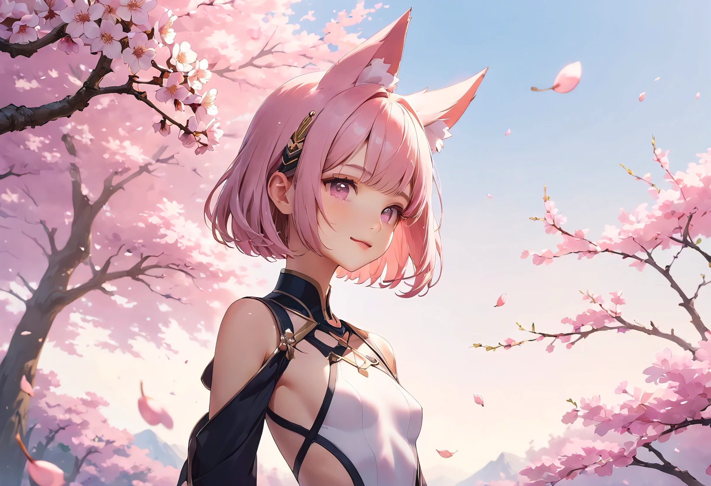 NSFW,pussy,Very beautiful and shining eyes、shining eyes、Stinking eyes、1 girl、small breasts、big mouth、small breasts、Cat ear、Transparent pink short hair、Near the future、neon、balls of light、young 、Childish clothes、Cherry blossoms at night,nipples, breasts, 1girl, thigh_strap, harness, o-ring, solo, small_breasts