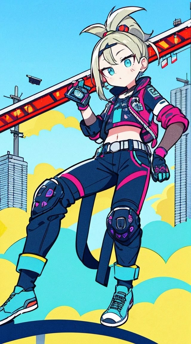 obra de arte, melhor qualidade, 1 garota ciberpunk, Tiro de corpo inteiro, Fique na frente da motocicleta, ver o visualizador, Confident cyberpunk girl with funky expression, Trajes populares no estilo Harajuku, bold colors and patterns, attractive accessories, penteado moderno e inovador, maquiagem vibrante, A deslumbrante paisagem urbana de Cyberpunk, sky scraper, Placas de neon, Luzes LED, esquema de cores vivas e brilhantes, anime, illustration, textura detalhada da pele, textura detalhada de pano, lindo rosto detalhado, detalhes intrincados, ultra detalhado.