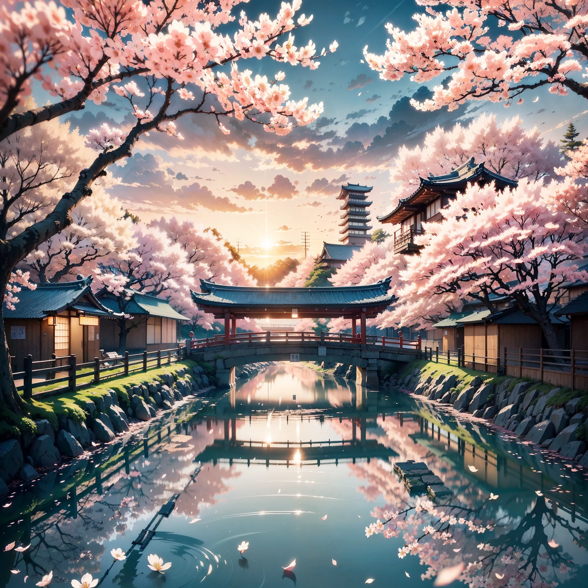 japanese architecture with sakura flower season, From below, Perspective, best quality, at the sunset, a city scape, artist makoto shinkai, water ink art, best quality, masterpiece, realistic, Best quality. No one in sight. Anime. Anime style. lofi. dramatic weather, japan, cherry blossom trees, sun set