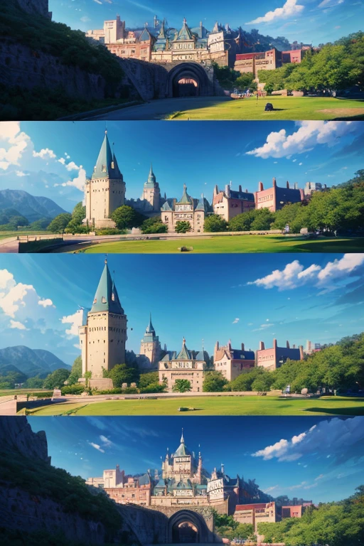 (best quality,4k,8k,highres,masterpiece:1.2),ultra-detailed,(realistic,photorealistic,photo-realistic:1.37),castle with red roofs, magical castle school on the mountain,anime scenery, anime YuRu Camp, screenshot from anime "Black Clover", today's selected anime stills, screenshot from an animated movie, screenshot from an animated movie in the 2010s, in an animated movie, anime screen capture, screenshot from an anime movie, Little Witch Academia