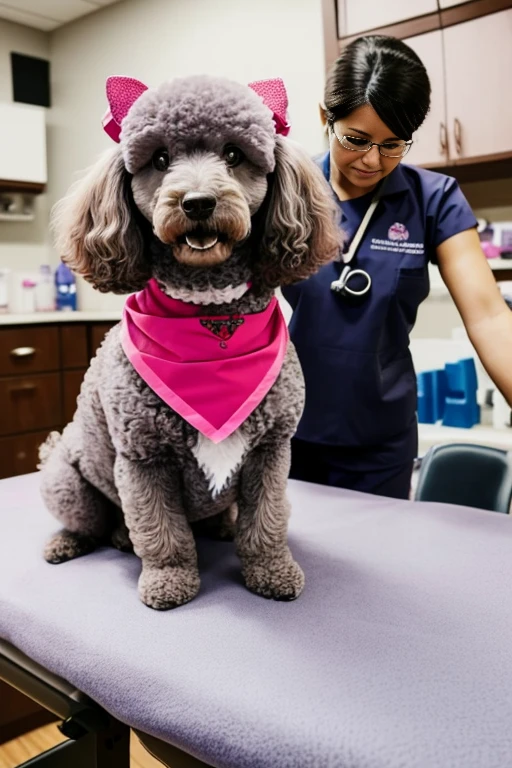  A pink or gray furred poodle dog with a red bandana around its neck is lying on a veterinary table. Receiving a massage treatment from a woman, a western nurse specializing in dog health, in a canine veterinary clinic setting.

