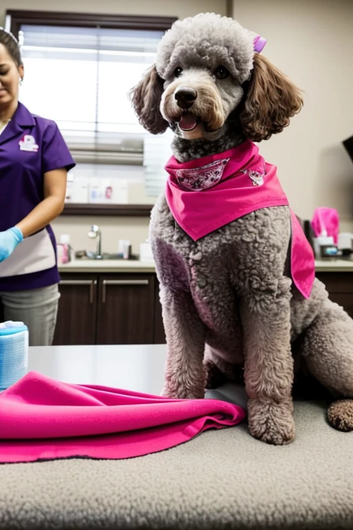  A pink or gray furred poodle dog with a red bandana around its neck is lying on a veterinary table. Receiving a massage treatment from a woman, a western nurse specializing in dog health, in a canine veterinary clinic setting.

