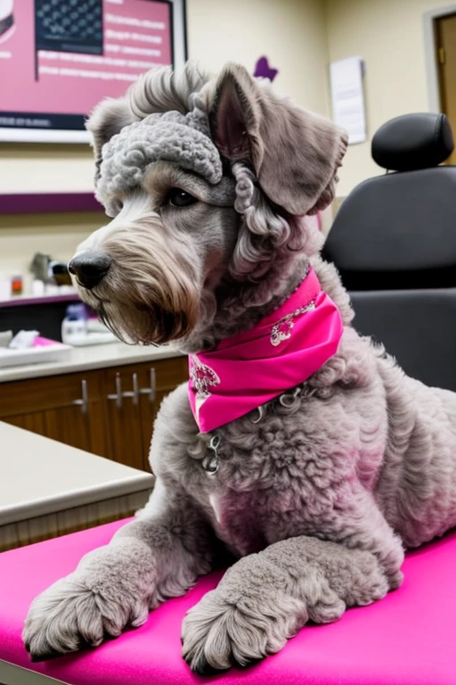  A pink or gray furred poodle dog with a red bandana around its neck is lying on a veterinary table. Receiving a massage treatment from a woman, a western nurse specializing in dog health, in a canine veterinary clinic setting.


