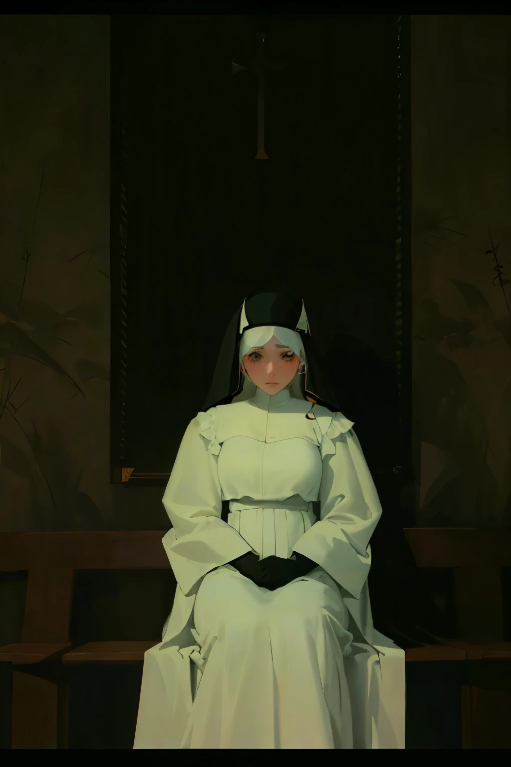 puffy woman in a white robe and a white mask sitting on a bench, Erwin Olaf, billie eilish como uma freira triste, muitos Merlot, billie eilish como freira, e o mal agora, karol bak de emma watson freira, Michael Hussar, alessio albi, by Marina Abramović, nun, inspired by Marina Abramović