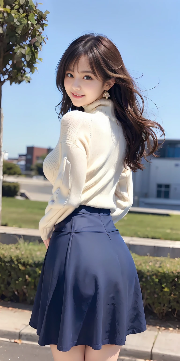Female, 20 years old, short black wavy hair、bangss、Puffy nipple、(White Turtleneck Knit)、(Blue long skirt), Black stockings、Medium milk, cute smile face、((Poses that emphasize the buttocks、turned around))、sexy hips、Black High Heels、Big necklace、((((the wind blew my skirt, expose my panties...))))、(Light blue lace panties)、Cute earrings、(Tilt your head slightly)