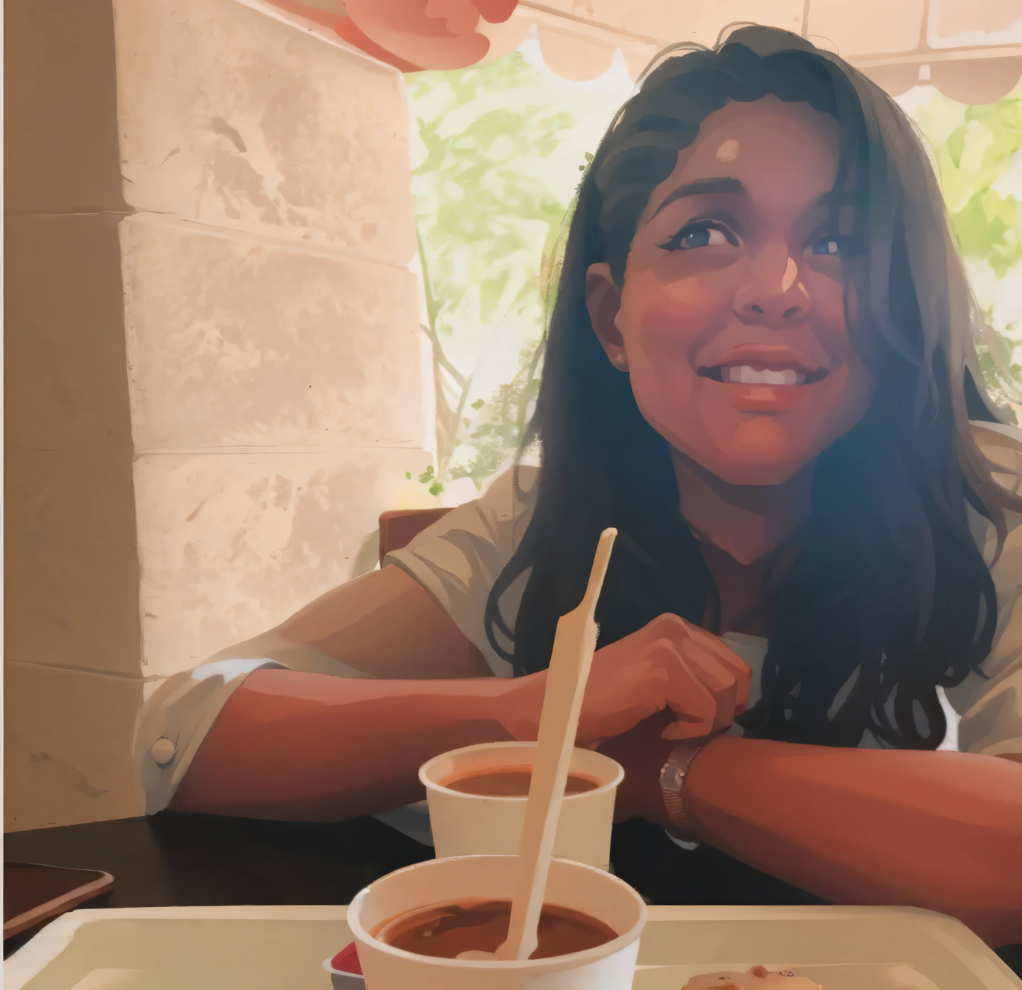 there is a woman sitting at a table with a cup of coffee, by Max Dauthendey, sitting in a cafe, candid picture, candid photo, sitting in a cafe alone, candid photograph, sitting on a mocha-colored table, marvelous expression, with accurate face, profile image, in a coffee shop, jayison devadas, with a happy expression,create a illustration of this image