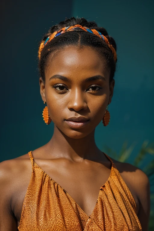 ((best quality)), ((masterpiece)), (detailed), perfect face a close up of an African woman in a dress with a colorful background, orange and blue tones, fine art fashion photography, photography alexey gurylev, organic 8k artistic photography, photography alexey kurylev, orange and blue colors, high fashion photography, portrait shot, editorial fashion photography, cgsociety saturated colors, advertising photo, blue and orange tones