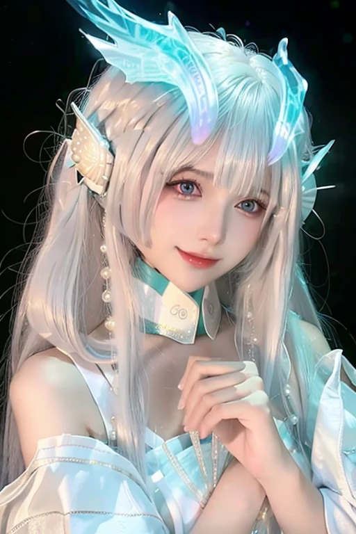 a close up of a woman with long white hair and blue eyes, with long white hair, with long white hair, white hair girl, White hair floating in the air, perfect white haired girl, Flowing white hair, white beautiful hair, Baiji haircut hairstyle, long Flowing white hair, Anime Girls Cosplay, real life anime girls, Silver-haired girl, long white hair，blue dress，Smile，Exquisite and clear facial features，loli，