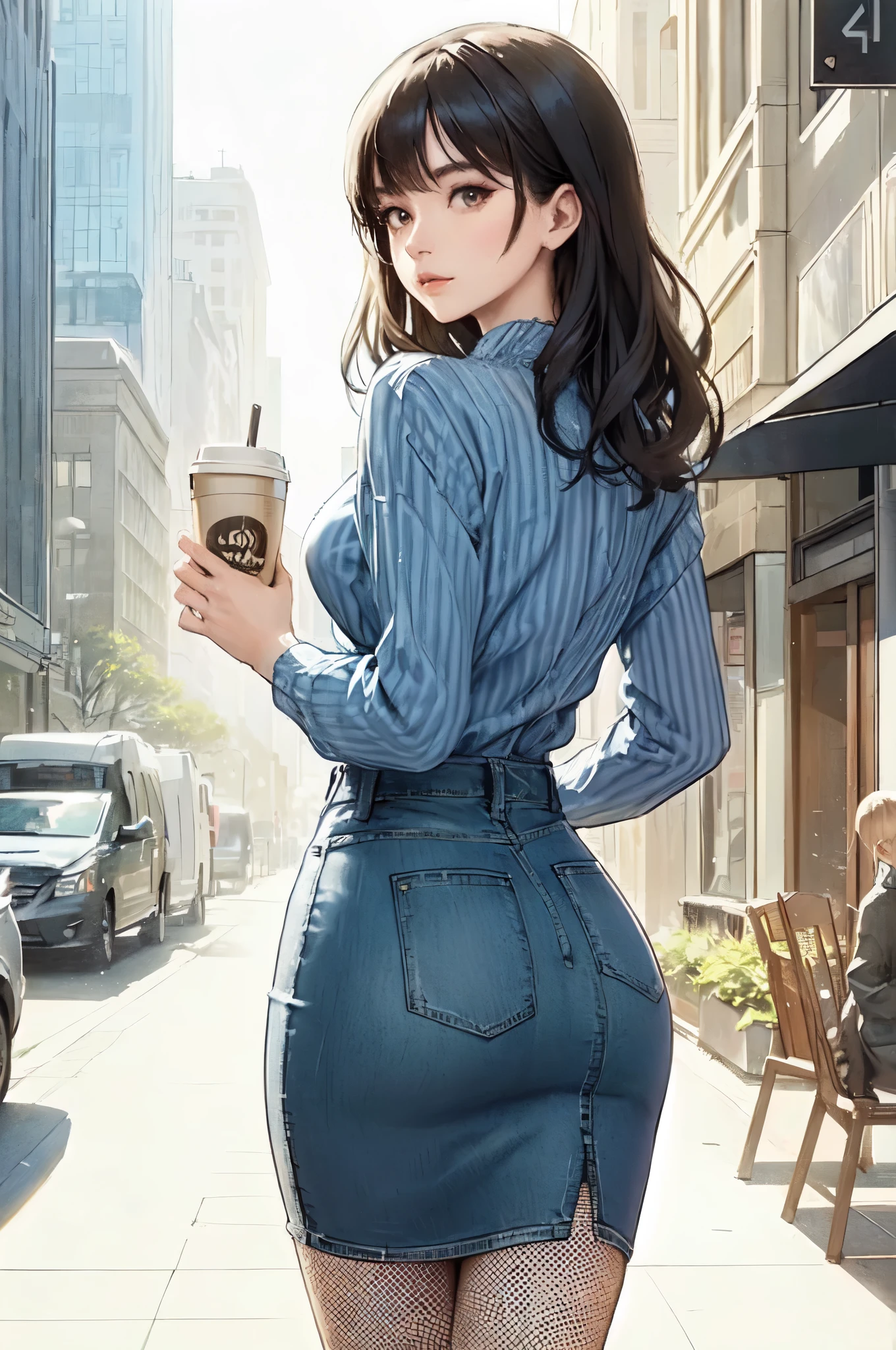 1lady solo, (looking back) (from behind), (strolling through city), (stylish outfit) (denim narrow skirt), mature female, /(black hair/) bangs, cool expression, (masterpiece best quality:1.2) delicate illustration ultra-detailed, large breasts BREAK (holding a coffee cup) BREAK (luxurious downtown street) outdoors, noon, crowded, detailed background