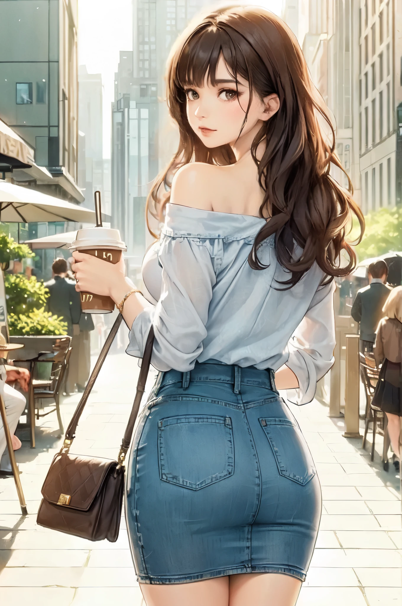 1lady solo, (looking back) (from behind), (strolling through city), (stylish outfit) (denim narrow skirt), mature female, /(dark brown hair/) bangs, cool expression, (masterpiece best quality:1.2) delicate illustration ultra-detailed, large breasts BREAK (holding a coffee cup) BREAK (luxurious downtown street) outdoors, noon, crowded, detailed background