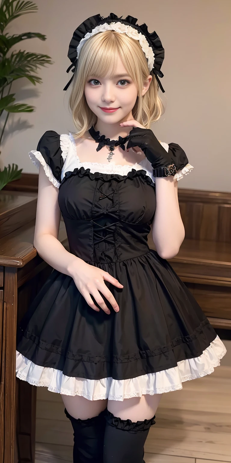 Super high quality, super high definition, super detailed, masterpiece, 25 years old, female, cute, nice body, gothic lolita clothes, gothic lolita fashion, frilly skirt, headdress, necklace, bracelet, knee-high socks, boots, double eyelids, tear bags, Detailed down to the fingers, photo-like description, indoors, dim indoor lighting, blonde hair, short bob, standing, whole body, composition that shows the whole body, smiling