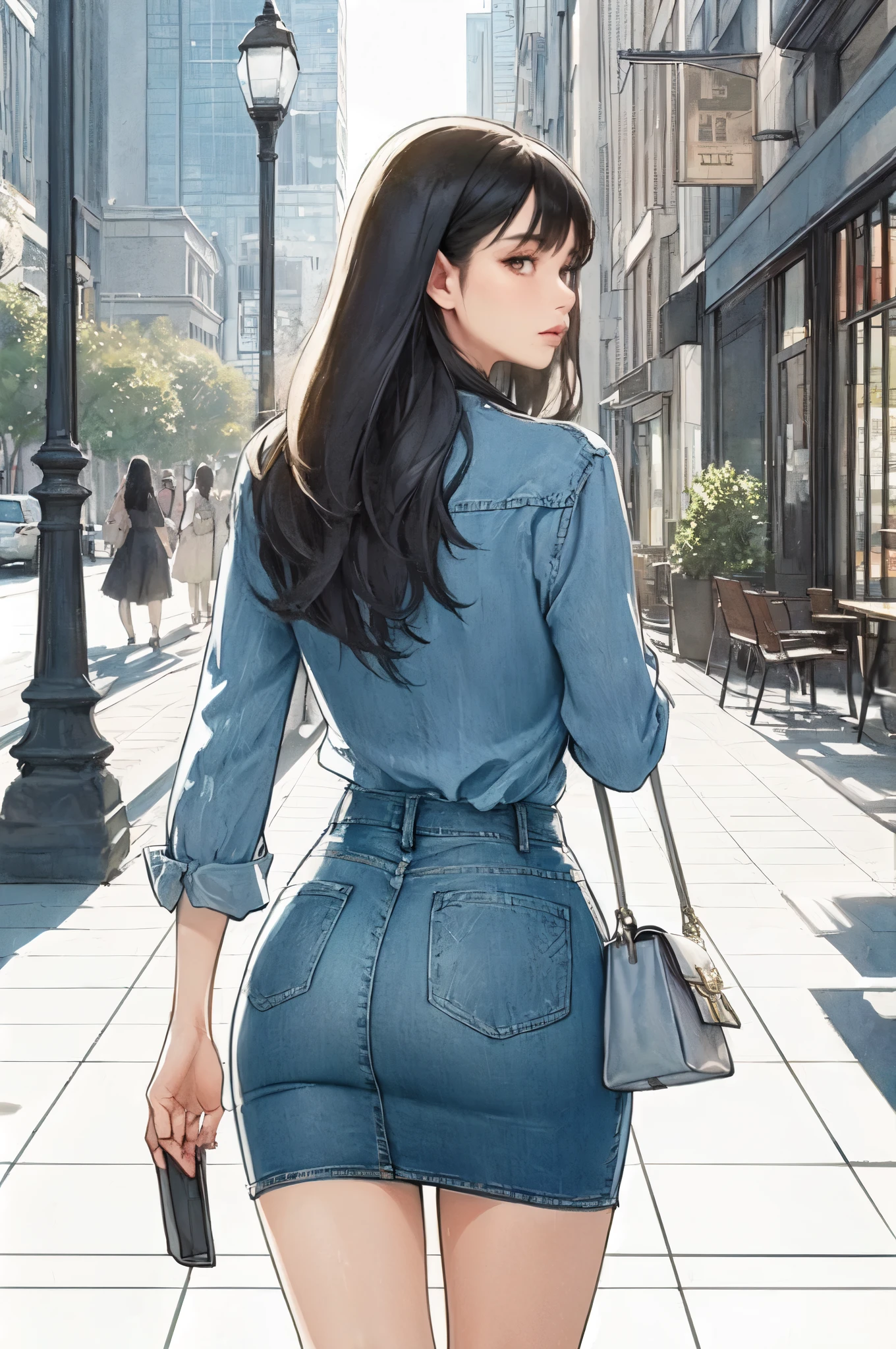 1lady solo, (looking back) (from behind), (strolling through city), (stylish outfit) (denim narrow skirt), mature female, /(black hair/) bangs, cool expression, (masterpiece best quality:1.2) delicate illustration ultra-detailed, large breasts BREAK (holding a designer's bag) BREAK (luxurious downtown street) outdoors, noon, crowded, detailed background