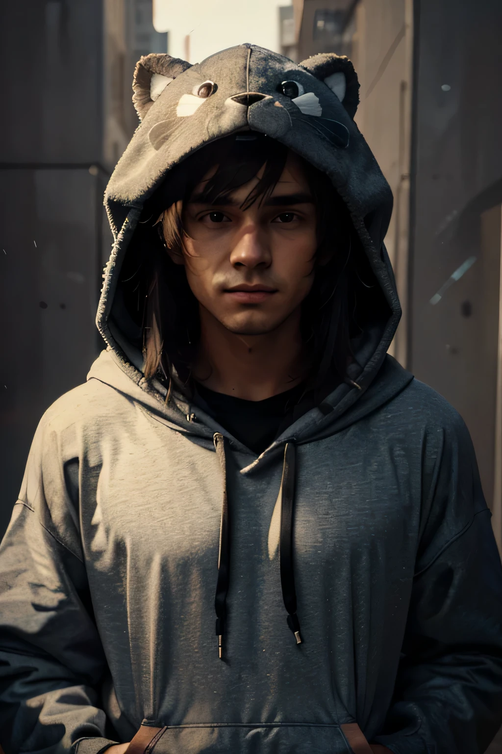 a guy in a hoodie, hidden hair, headwear, masterpiece, 8k, uhd, cinematic